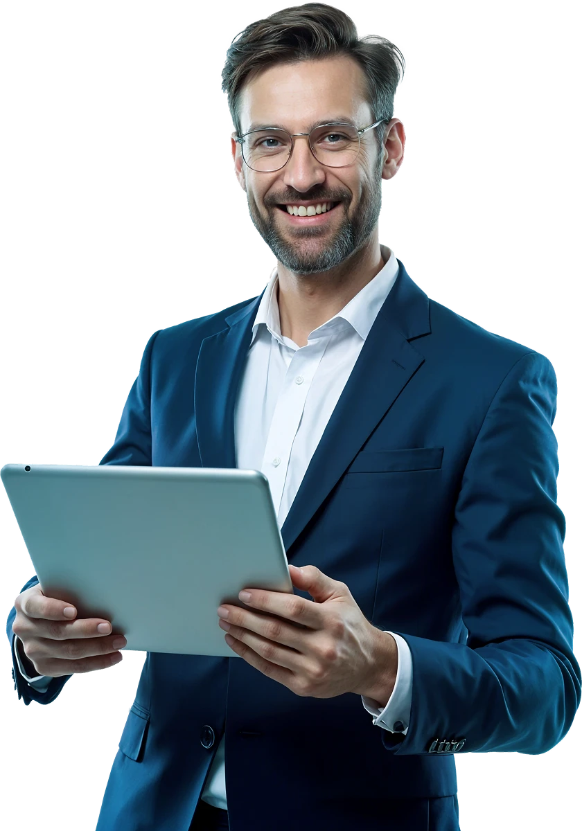 Smiling businessman in a blue suit holding a tablet